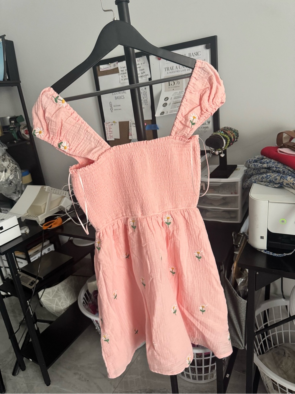 Pink Embroidered Mini Dress with Smocked Bodice - Picture 2 of 3